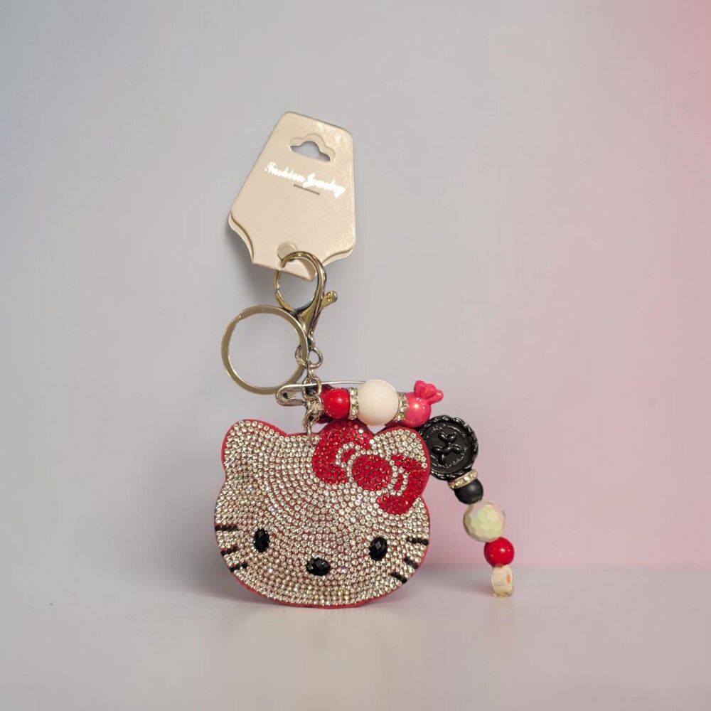 Hello Kitty Rhinestone Keychain Red Bow Bling Charm | Cute Kawaii Bag Charm Key